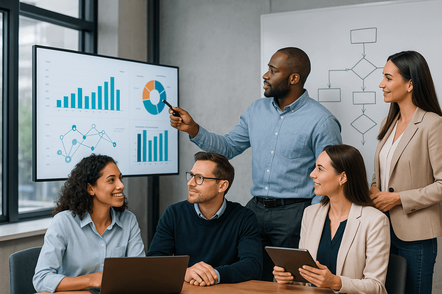 Team collaborating in an office with digital screens and whiteboards with flowcharts, representing digital transformation
Team collaborating in an office with digital screens and whiteboards with flowcharts, representing digital transformation